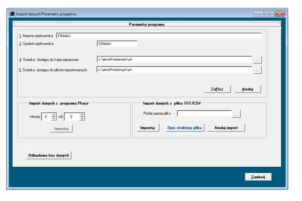 Parametry programu i import danych